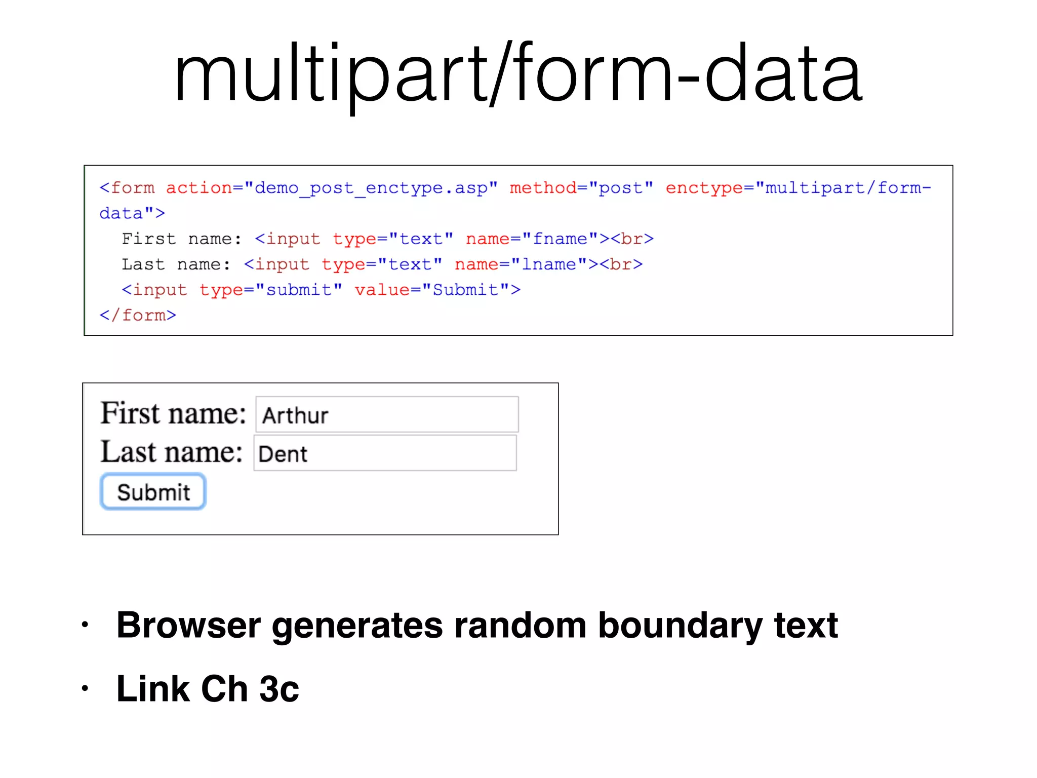 multipart/form-data
• Browser generates random boundary tex
t

• Link Ch 3c
 