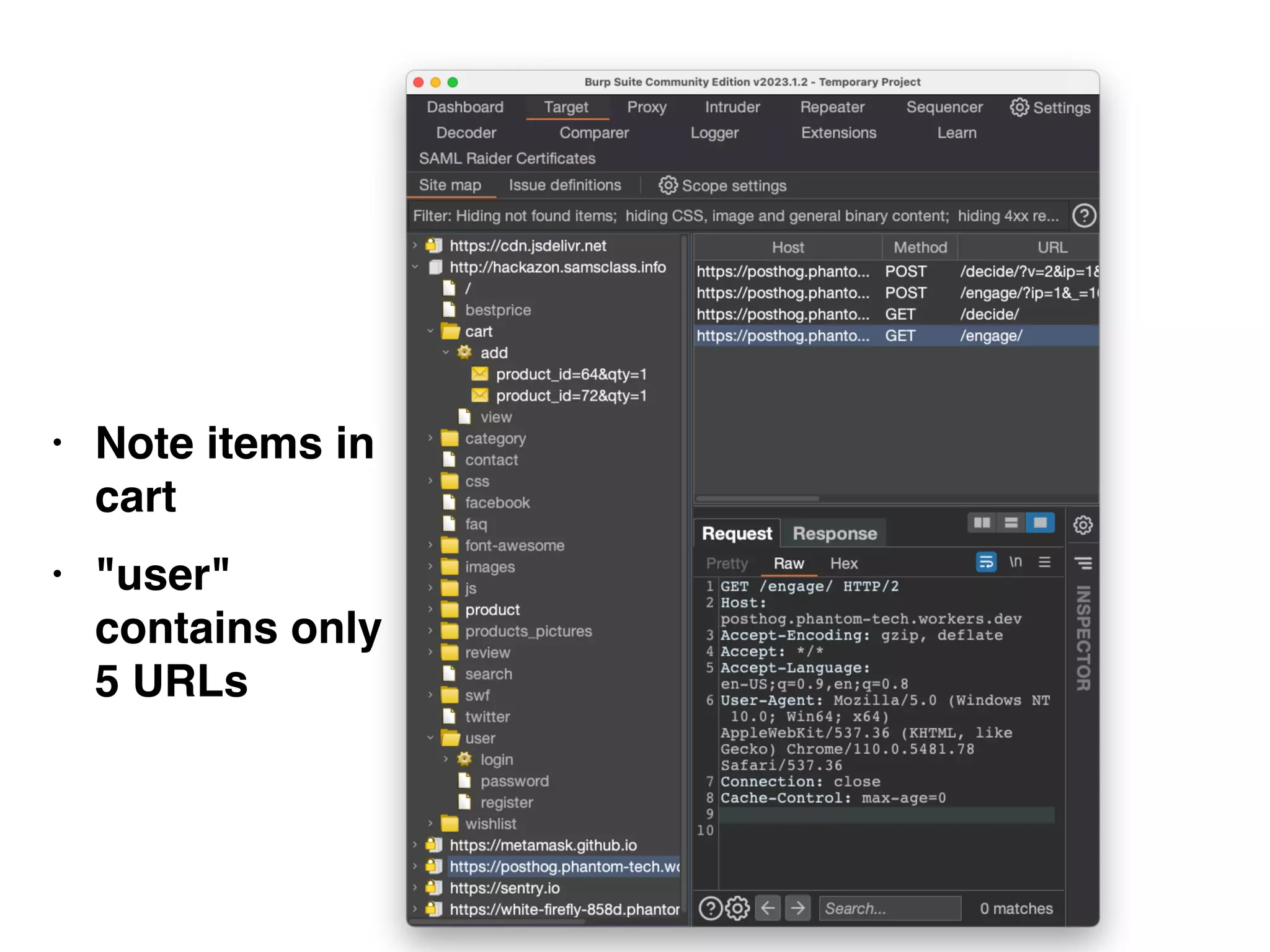 • Note items in
car
t

• "user"
contains only
5 URLs
 