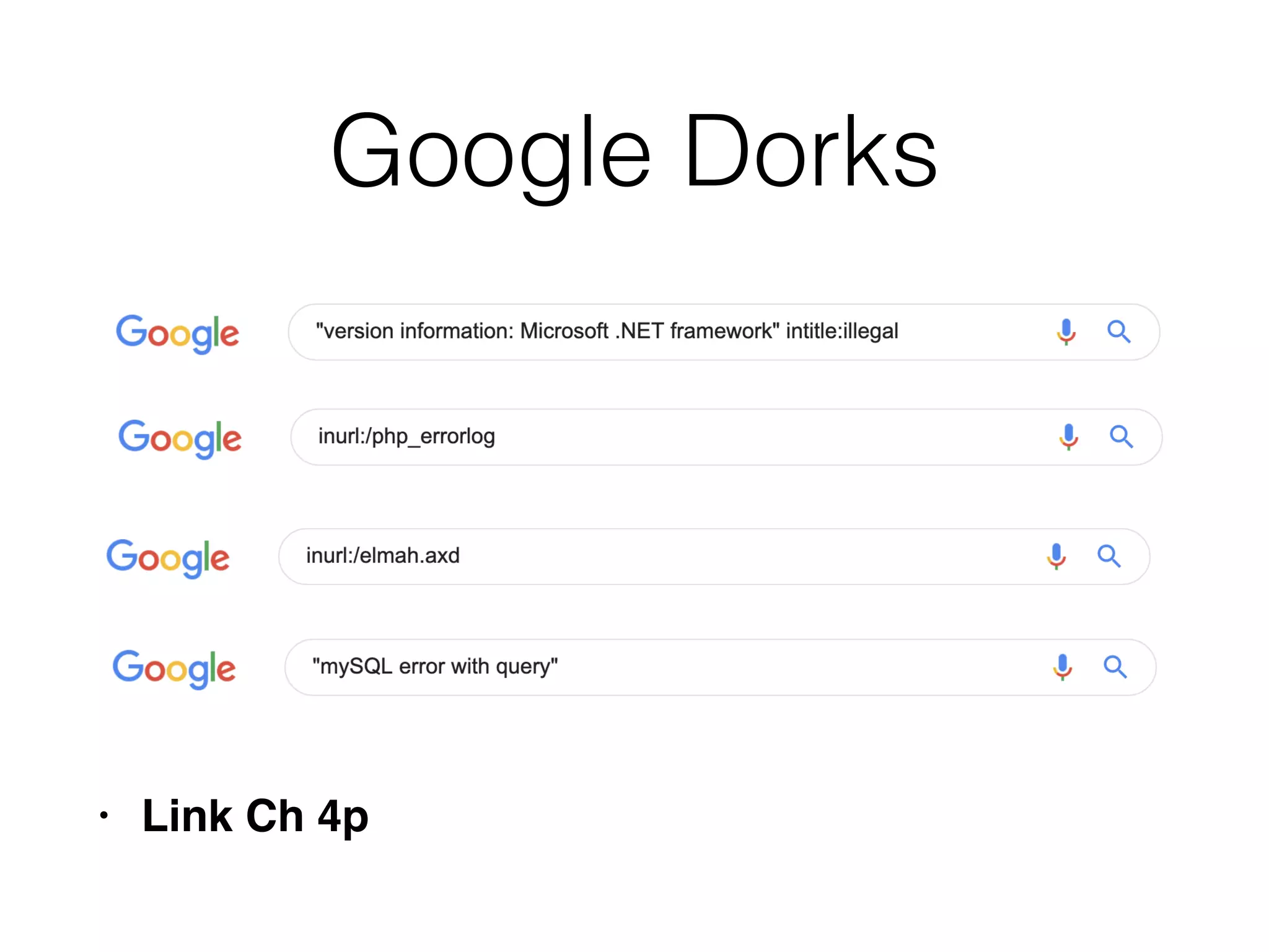Google Dorks
• Link Ch 4p
 