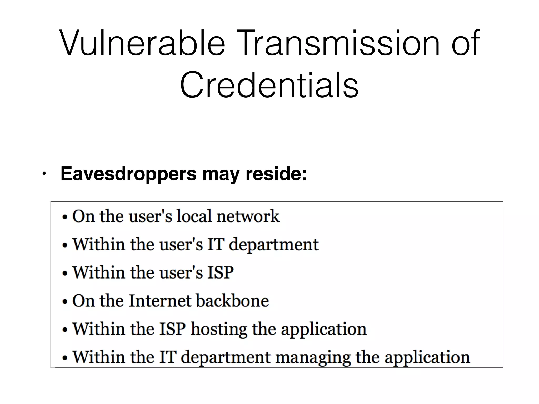 Vulnerable Transmission of
Credentials
• Eavesdroppers may reside:
 