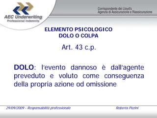 ELEMENTO PSICOLOGICO
                            DOLO O COLPA

                                   Art. 43 c.p.

     DOLO: l’evento dannoso è dall’agente
     preveduto e voluto come conseguenza
     della propria azione od omissione


29/09/2009 - Responsabilità professionale         Roberta Pizzini
 