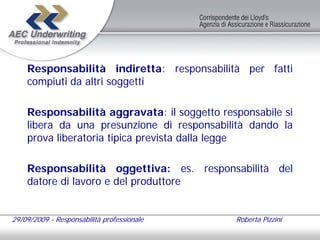 Responsabilità indiretta: responsabilità per fatti
    compiuti da altri soggetti

    Responsabilità aggravata: il soggetto responsabile si
    libera da una presunzione di responsabilità dando la
    prova liberatoria tipica prevista dalla legge

    Responsabilità oggettiva: es. responsabilità del
    datore di lavoro e del produttore


29/09/2009 - Responsabilità professionale    Roberta Pizzini
 