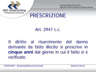 PRESCRIZIONE

                                Art. 2947 c.c.

    Il diritto al risarcimento del danno
    derivante da fatto illecito si prescrive in
    cinque anni dal giorno in cui il fatto si è
    verificato
29/09/2009 - Responsabilità professionale        Roberta Pizzini
 