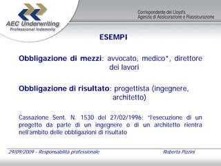 ESEMPI

    Obbligazione di mezzi: avvocato, medico*, direttore
                            dei lavori

    Obbligazione di risultato: progettista (ingegnere,
                              architetto)

    Cassazione Sent. N. 1530 del 27/02/1996: “l’esecuzione di un
    progetto da parte di un ingegnere o di un architetto rientra
    nell’ambito delle obbligazioni di risultato


29/09/2009 - Responsabilità professionale            Roberta Pizzini
 