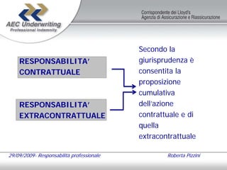 Secondo la
    RESPONSABILITA’                        giurisprudenza è
    CONTRATTUALE                           consentita la
                                           proposizione
                                           cumulativa
    RESPONSABILITA’                        dell’azione
    EXTRACONTRATTUALE                      contrattuale e di
                                           quella
                                           extracontrattuale

29/09/2009- Responsabilità professionale           Roberta Pizzini
 