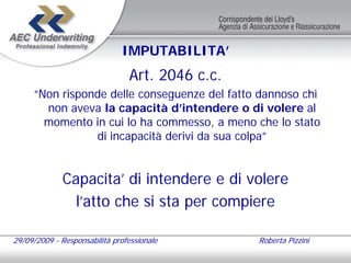 IMPUTABILITA’
                                Art. 2046 c.c.
     “Non risponde delle conseguenze del fatto dannoso chi
       non aveva la capacità d’intendere o di volere al
       momento in cui lo ha commesso, a meno che lo stato
                di incapacità derivi da sua colpa”


              Capacita’ di intendere e di volere
                l’atto che si sta per compiere

29/09/2009 - Responsabilità professionale        Roberta Pizzini
 