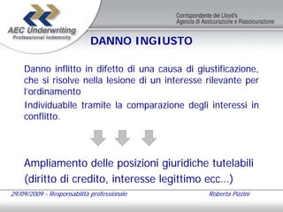 DANNO INGIUSTO

    Danno inflitto in difetto di una causa di giustificazione,
    che si risolve nella lesione di un interesse rilevante per
    l’ordinamento
    Individuabile tramite la comparazione degli interessi in
    conflitto.




    Ampliamento delle posizioni giuridiche tutelabili
    (diritto di credito, interesse legittimo ecc…)
29/09/2009 - Responsabilità professionale        Roberta Pizzini
 
