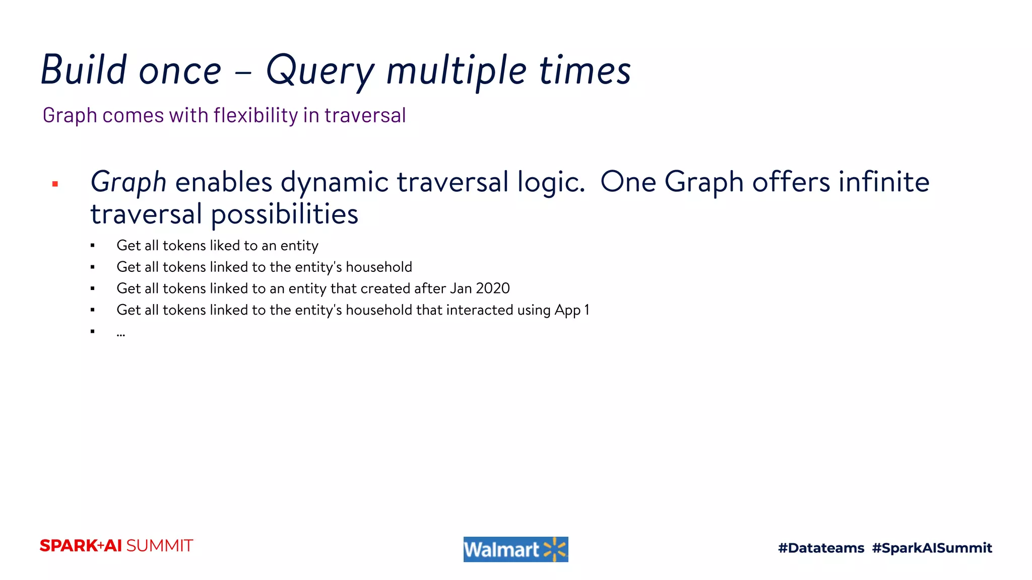 Build once – Query multiple times
▪ Graph enables dynamic traversal logic. One Graph offers infinite
traversal possibilities
▪ Get all tokens liked to an entity
▪ Get all tokens linked to the entity's household
▪ Get all tokens linked to an entity that created after Jan 2020
▪ Get all tokens linked to the entity's household that interacted using App 1
▪ ...
Graph comes with flexibility in traversal
 