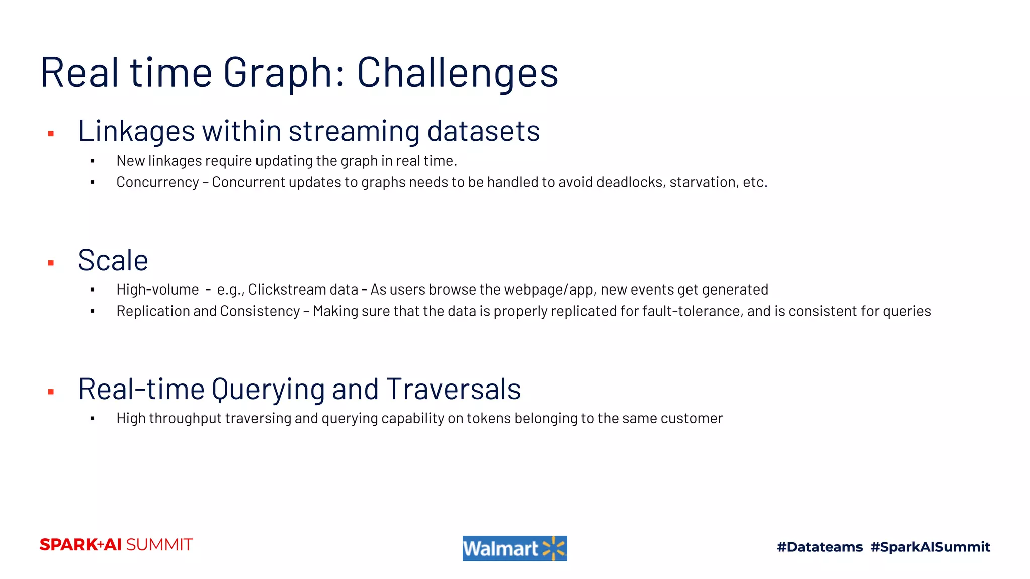 ▪ Linkages within streaming datasets
▪ New linkages require updating the graph in real time.
▪ Concurrency – Concurrent updates to graphs needs to be handled to avoid deadlocks, starvation, etc.
▪ Scale
▪ High-volume - e.g., Clickstream data - As users browse the webpage/app, new events get generated
▪ Replication and Consistency – Making sure that the data is properly replicated for fault-tolerance, and is consistent for queries
▪ Real-time Querying and Traversals
▪ High throughput traversing and querying capability on tokens belonging to the same customer
Real time Graph: Challenges
 