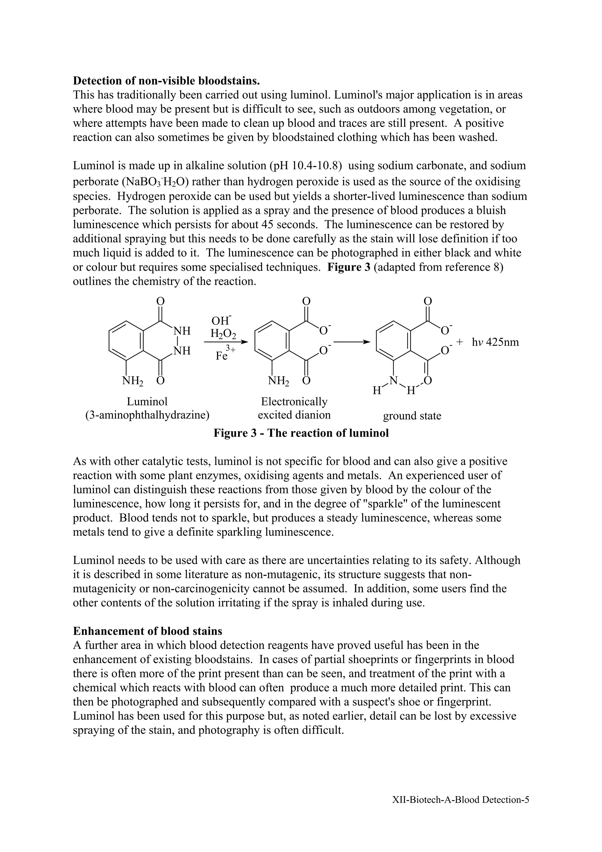 XII-Biotech-A-Blood Detection-5
Detection of non-visible bloodstains.
This has traditionally been carried out using luminol. Luminol's major application is in areas
where blood may be present but is difficult to see, such as outdoors among vegetation, or
where attempts have been made to clean up blood and traces are still present. A positive
reaction can also sometimes be given by bloodstained clothing which has been washed.
Luminol is made up in alkaline solution (pH 10.4-10.8) using sodium carbonate, and sodium
perborate (NaBO3
.
H2O) rather than hydrogen peroxide is used as the source of the oxidising
species. Hydrogen peroxide can be used but yields a shorter-lived luminescence than sodium
perborate. The solution is applied as a spray and the presence of blood produces a bluish
luminescence which persists for about 45 seconds. The luminescence can be restored by
additional spraying but this needs to be done carefully as the stain will lose definition if too
much liquid is added to it. The luminescence can be photographed in either black and white
or colour but requires some specialised techniques. Figure 3 (adapted from reference 8)
outlines the chemistry of the reaction.
Luminol
(3-aminophthalhydrazine)
Electronically
excited dianion ground state
+ hv 425nm
NH
NH
O
ONH2
O
ONH2
O
-
O
-
O
O
-
O
-
O
H
N
H
H2O2
OH
-
Fe
+3
Figure 3 - The reaction of luminol
As with other catalytic tests, luminol is not specific for blood and can also give a positive
reaction with some plant enzymes, oxidising agents and metals. An experienced user of
luminol can distinguish these reactions from those given by blood by the colour of the
luminescence, how long it persists for, and in the degree of "sparkle" of the luminescent
product. Blood tends not to sparkle, but produces a steady luminescence, whereas some
metals tend to give a definite sparkling luminescence.
Luminol needs to be used with care as there are uncertainties relating to its safety. Although
it is described in some literature as non-mutagenic, its structure suggests that non-
mutagenicity or non-carcinogenicity cannot be assumed. In addition, some users find the
other contents of the solution irritating if the spray is inhaled during use.
Enhancement of blood stains
A further area in which blood detection reagents have proved useful has been in the
enhancement of existing bloodstains. In cases of partial shoeprints or fingerprints in blood
there is often more of the print present than can be seen, and treatment of the print with a
chemical which reacts with blood can often produce a much more detailed print. This can
then be photographed and subsequently compared with a suspect's shoe or fingerprint.
Luminol has been used for this purpose but, as noted earlier, detail can be lost by excessive
spraying of the stain, and photography is often difficult.
 