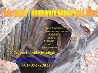 West Australian
Prospecting License
(P39/5455)
on offer
FOR SALE
or
Joint Venture.
Contact Mike Madigan
madiganm@hotmail.com
+61409372082
 