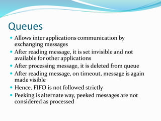 Queues
 Allows inter applications communication by
exchanging messages
 After reading message, it is set invisible and not
available for other applications
 After processing message, it is deleted from queue
 After reading message, on timeout, message is again
made visible
 Hence, FIFO is not followed strictly
 Peeking is alternate way, peeked messages are not
considered as processed
 
