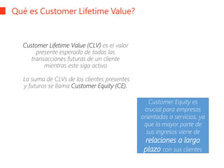 Qué es Customer Lifetime Value?
Customer Lifetime Value (CLV) es el valor
presente esperado de todas las
transacciones futuras de un cliente
mientras este siga activo
La suma de CLVs de los clientes presentes
y futuros se llama Customer Equity (CE).
Customer Equity es
crucial para empresas
orientadas a servicios, ya
que la mayor parte de
sus ingresos viene de
relaciones a largo
plazo con sus clientes
 