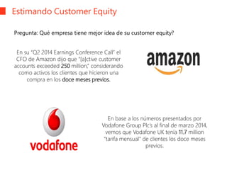 Estimando Customer Equity
En su “Q2 2014 Earnings Conference Call” el
CFO de Amazon dijo que “[a]ctive customer
accounts exceeded 250 million,” considerando
como activos los clientes que hicieron una
compra en los doce meses previos.
En base a los números presentados por
Vodafone Group Plc’s al final de marzo 2014,
vemos que Vodafone UK tenía 11.7 million
“tarifa mensual” de clientes los doce meses
previos.
Pregunta: Qué empresa tiene mejor idea de su customer equity?
 