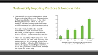 Sustainability Reporting Practices & Trends in India
▪ The National Voluntary Guidelines on Social,
Environmental and Economic Responsibilities
of Business (NVGs) released by the Indian
Ministry of Corporate Affairs in July 2011
highlight the need to integrate sustainability
and inclusiveness into core business practice.
▪ Innovative instrument like the recently
launched GREENEX at Bombay stock
exchange in India is introduced to assess
energy efficiency performance of companies.
▪ There are around 80 Indian companies from
various sectors that have been reporting, and
there are about 60 companies, who publicly
declare that they follow the GRI Guidelines on
almost all aspects of reporting environment,
social and governance performance, although
the rigour and details vary.

 