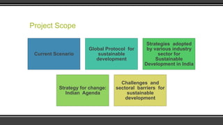 Project Scope

Current Scenario

Global Protocol for
sustainable
development

Strategy for change:
Indian Agenda

Strategies adopted
by various industry
sector for
Sustainable
Development in India

Challenges and
sectoral barriers for
sustainable
development

 