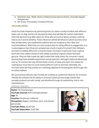 14
● Valentine’s Day - XOXO, Hearts of Blaze (Conversational Hearts, Chocolate-Dipped
Strawberries)
● 4th of July - Firecrackers, S’mokes (S’mores)
YOUTUBE SERIES:
Utilize YouTube influencers by sponsoring them to create a variety of videos with different
styles such as vlogs and formal educational video that will help the market make better
informed decisions (e.g. Q&A videos for those who are curious about cannabis, covering
how to use it and its benefits). These influencers will be beneficial to Caliva’s business since
they already have a pre-established audience who are receptive to their ideas and
recommendations. Millennials are notoriously known for being difficult to engage with, so it
is advantageous that influencers already have a built-in level of trust with their followers,
one that’s incredibly difficult for a brand to build. YouTubers in particular have a special
bond with their viewers thanks to their ability to produce original content that feels
genuine. They can help create the right content that really meets the consumer's needs
because they have relatable experiences and perspectives. Although traditional advertising
such as TV commercials may still dominate in terms of views and reach, the catalyst for
creating buzz must start on social media platforms such as YouTube. Ultimately, the
YouTube series will help achieve our marketing objective of increasing the clickthrough rate
to Caliva’s website.
We recommend Caliva pursues Timothy de la Ghetto as a potential influencer for its brand.
Timothy de la Ghetto has the ability to convince Caliva’s primary target market that
cannabis products are safe, trendy, and beneficial through his authenticity, charm, and
shamelessness.
Influencer Statistics
Name: Tim Chantarangsu
YouTube Channel: theTimothyDeLaGhetto
Age: 30
Location: Paramount, California
Occupation: Rapper, comedian, actor, and internet
personality
YouTube Views: 26,347,539
YouTube Subscribers: 3,227,582
 