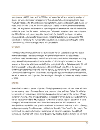17
statistics are 100,000 views and 10,000 likes per video. We will also track the number of
shares per video to measure engagement. Through YouTube, viewers are able to share
YouTube videos on 13 different social media platforms. We hope to reach 5,000 shares per
video. On a broader scale, we will look at Caliva’s sales to see if influencer content led to
sales. One way we will measure this is by having the influencer share a secret code at the
end of the video that the viewer can bring to a Caliva sales associate to receive a discount
(i.e. 10% of their entire purchase). Our benchmark for this is 50 purchases per video.
Achieving the benchmarks for these metrics will contribute to Caliva achieving its IMC
objectives of increasing the number of new customers, increasing clickthroughs on the
Caliva website, and increasing traffic to the Caliva store.
WEBSITE:
To measure how many customers use our website, we will use clickthrough rate as our
metric for success. These clickthroughs will primarily come from our social media
platforms, news media content, and influencer content, such as YouTube videos and blog
posts. We will keep information for the number of clickthroughs from each of these
sources to determine which are most effective to driving traffic to Caliva’s website. We will
define success by setting a benchmark of a 8% clickthrough rate. This is the average
clickthrough rate for retailers who operate digitally. By increasing the clickthrough rate to
Caliva’s website through our social media postings and digital newspaper advertisements,
we will achieve our IMC Objective of increasing clickthroughs to Caliva’s website by the end
of 2016.
STORE:
An evaluation method for our objective of bringing new customers into our store will be to
keep a running count of the number of new customers that walk into Caliva. We will also
keep metrics on frequency of store visits by repeat customers. When the number of new
customers making a first-time purchase has increased 15% from our previous benchmark,
we will have achieved this IMC objective. Furthermore, we will also use data from in-store
surveys to measure customer satisfaction with service inside the Caliva store. The
anonymous survey will include questions relevant to the in-store service, product offerings,
and product quality. Possible answers will include “buzzkill,” “fine,” and “in the clouds.” Our
benchmark for a successful in-store experience will be when no greater than 20% of
surveys are returned with one or more “buzzkill.” By meeting this benchmark, we will work
 