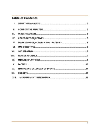 1
Table of Contents
I. SITUATION ANALYSIS…………………………………………………………………. 2
II. COMPETITIVE ANALYSIS….………………………………………………………….. 3
III. TARGET MARKETS……………………………………………………………………….. 5
IV. CORPORATE OBJECTIVES…………………………………………………………….. 5
V. MARKETING OBJECTIVES AND STRATEGIES…………...…………………….. 6
VI. IMC OBJECTIVES…………………………………………………………………………. 6
VII. IMC STRATEGY………………………………………………………………………….….7
VIII. TARGET AUDIENCE……………………………………..………………………..….…..7
IX. MESSAGE PLATFORM………………………………..………………………….……...9
X. TACTICS……………………………………………………………....……...…….………10
XI. TIMING AND CALENDAR OF EVENTS…………….………………..……………14
XII. BUDGETS…………………………………………………………………..………….……15
XIII. MEASUREMENT/BENCHMARK…………………………………………………..15
 