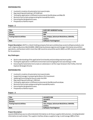 RESPONSIBILITIES:
 Involvedincreationof automationtestcases/scripts
 Bug reportingandtrackingin HP ALMtool
 Testingthe applicationindifferentenvironmentslikeWindowsandMacOS
 Reviewof testscriptsandgeneratingthe traceabilitymatrix
 Executingthe designedtestcases
 Preparationof defectreport
 InvolvedinPreparingthe RTM
 InvolvedinMentoringJuniorsonthe VBScript& BPT Framework
 Involvedingivingthe Organizational training(LAD)
Project – 2
Title EVRY ERP AGRESSOTesting
Client EVRY
Domain ERP
TestingTools & Utilities Java, Eclipse,SeleniumWebDriver,MAVEN,
Jenkins
Role Software Test Engineer
Project Description:UNIT4 is a Dutch holdingcompanythatownsanddevelopsseveral software products;one
such isAgressoBusinessWorld(ABW).ABWhelpsbusinessesorganizeandmanage informationaroundtheir
operations,andhasbeensoldinmore than100 countriesaroundthe world.ABWisan ERP solutioncustomizable
for itscustomers.
Key Challenges:
 Quickunderstandingof the applicationfunctionalityandprovidingmaximumquality
 Testingthe applicationindifferentenvironmentandmanagingthe testcases&bugs inJIRA
 Executingthe Automationtestscriptsonneed basis/afterreleasethe new build inall the majorbrowsers
like Firefox,InternetExplorer&Google Chrome
RESPONSIBILITIES:
 Involvedincreationof automationtestcases/scripts.
 Involvedinupdating/committingthe Source code intoSVN
 Bug reportingandtrackingin JIRA tool
 Testingthe Automationtestscripts indifferentenvironmentslike Microsoft windows andLinux
 Reviewof testscriptsandgeneratingthe traceabilitymatrix
 Preparationof defectreport
 InvolvedinPreparingthe RTM
 InvolvedinMentoringJuniors onthe JAVA &SeleniumWebDriver
 Involvedin givingthe Organizational training(LAD)
Project – 3
Title LAVANTE SIM
Client LAVANTE
Domain CRM
TestingTools & Utilities Java, Eclipse,SeleniumWebDriver,MAVEN,
Jenkins
Role Software Test Engineer
 