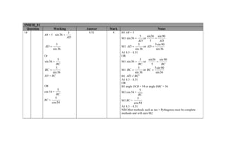 5MB3H_01
Question Working Answer Mark Notes
14
AB = 5
AD
5
36sin =
36sin
5
=AD
Or
BC
5
36sin =
36sin
5
=BC
AD = BC
OR
cos 54 =
5
BC
BC =
5
cos54
8.51 4 B1 AB = 5
M1
ADAD
90sin
5
sin36
or
5
36sin ==
M1
36sin
90sin5
or
36sin
5
== ADAD
A1 8.5 – 8.51
OR
M1
BCBC
90sin
5
sin36
or
5
36sin ==
M1
36sin
90sin5
or
36sin
5
== BCBC
B1 ''BCAD =
A1 8.5 – 8.51
OR
B1 angle DCB = 54 or angle DBC = 36
M1 cos 54 =
5
BC
M1 BC =
5
cos54
A1 8.5 – 8.51
NB Other methods such as tan + Pythagoras must be complete
methods and will earn M2
 