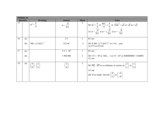 5MB3H_01
Question Working Answer Mark Notes
15
m2
=
6
k
m =
6
k 2
M1 m2
=
6
k
or
66
6 2
km
= or 2
6m = k or 6 m = k
A1 m =
6
k
or m = ±
6
k
or m = –
6
k
16 (a) 2.5 1 B1 cao
(b) 500 × (1.025) 12
672.44 2 M1 ft 500 × (“1.025”) 12
or 1.34… seen
A1 672 or 672.44
17 (a) 5.5 × 104
1 B1 cao
(b) 1 800 000 2 M1 1.8 × 10n
or 18(0..... ) or 18 × 10n
or 3600000000 × 0.00005
A1 cao
18 (a) 4
8
⎛ ⎞
⎜ ⎟
⎝ ⎠
–
2
4
⎛ ⎞
⎜ ⎟
⎝ ⎠
2
4
⎛ ⎞
⎜ ⎟
⎝ ⎠
2
M1 – in co-ordinates or vectors or
2
y
⎛ ⎞
⎜ ⎟
⎝ ⎠
or
4
x⎛ ⎞
⎜ ⎟
⎝ ⎠
A1 cao
[SC If no marks then B1
4
2
⎛ ⎞
⎜ ⎟
⎝ ⎠
or
2
4
−⎛ ⎞
⎜ ⎟
−⎝ ⎠
 