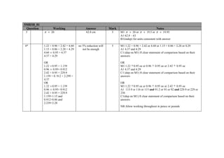 5MB3H_01
Question Working Answer Mark Notes
3 π × 20 62.8 cm 3 M1 π × 20 or π × 19.5 or π × 19.95
A1 62.8 – 63
B1(indep) for units consistent with answer
4* 1.22 + 0.96 + 2.42 = 4.60
1.15 + 0.86 + 2.28 = 4.29
4.60 × 0.95 = 4.37
4.37 > 4.29
OR
1.22 ×0.95 = 1.159
0.96 × 0.95= 0.912
2.42 × 0.95 = 229.9
1.159 + 0. 912 + 2.299 =
4.37
OR
1.22 ×0.95 = 1.159
0.96 × 0.95= 0.912
2.42 × 0.95 = 229.9
1.159>1.15 and
0.912>0.86 and
2.229>2.28
no 5% reduction will
not be enough
3 M1 1.22 + 0.96 + 2.42 or 4.60 or 1.15 + 0.86 + 2.28 or 4.29
A1 4.37 and 4.29
C1 (dep on M1) ft clear statement of comparison based on their
answers
OR
M1 1.22 ×0.95 oe or 0.96 × 0.95 oe or 2.42 × 0.95 oe
A1 4.37 and 4.29
C1 (dep on M1) ft clear statement of comparison based on their
answers
OR
M1 1.22 ×0.95 oe or 0.96 × 0.95 oe or 2.42 × 0.95 oe
A1 115.9 or 116 or 115 and 91.2 or 91 or 92 and 229.9 or 229 or
230
C1(dep on M1) ft clear statement of comparison based on their
answers
NB Allow working throughout in pence or pounds
 