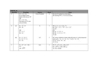 5MB3H_01
Question Working Answer Mark Notes
5 64 ÷ 10 = 6.4
arc of radius 6.4cm
drawn with cross at 70o
OR
64 ÷ 10 = 6.4
line drawn at 70o
with
cross at 6.4cm
Town B marked 2 B2 town B marked in correct place
(B1 bearing 070o
± 2o
or 6.4 ± 0.2cm)
6 (a) 6p – 15 = 21
6p = 36
OR
2p – 5 = 7
2p = 12
6 3 M1 3 × 2p – 3 × 5 or 6p - 15
M1 "6"p - “15” + “15” = 21 + “15”
A1 cao
OR
M1 2p – 5 = 21 ÷ 3
M1 2p - 5 + 5 = 5 + "7"
A1 cao
(b) 9x - 11 = 5x +7
9x - 5x = 7 + 11
4x = 18
4.5 3 M1 correct method to isolate either the term in x or the numerical
term e.g 9x – 5x – 11 = 5x – 5x + 7 or 9x = 5x + 18
A1 4x = 18 or –18 = –4x
A1 4.5 oe
7 92
+ 142
= 81 + 196 =
277
AB = 277
16.6 3 M1 92
+ 142
or 81 + 196 or 277
M1 277 or 19681+ or
A1 16.6 -16.644
 