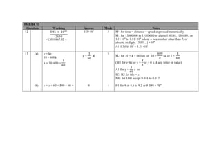 5MB3H_01
Question Working Answer Mark Notes
12 3.45 10
2650
=13018867.92 =
1.3×107
3 M1 for time = distance ÷ speed expressed numerically.
M1 for 13000000 to 13100000 or digits 130188.. 130189.. or
1.3×10n
to 1.31×10n
where n is a number other than 7, or
absent, or digits 13(01…) ×10n
A1 1.3(0)×107
– 1.31×107
13 (a) y = kx
10 = 600k
k = 10÷600 =
y =
3
M2 for 10 = k × 600 oe or 10 = oe or k =
(M1 for y=kx or y = or y x, k any letter or value)
A1 for y = x oe
SC: B2 for 60y = x
NB: for 1/60 accept 0.016 to 0.017
(b) y = x ÷ 60 = 540 ÷ 60 = 9 1 B1 for 9 or 8.6 to 9.2 or ft 540 × “k”
 