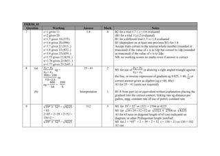 5MB3H_01
Question Working Answer Mark Notes
7 x=1 gives 11
x=2 gives 28
x=1.5 gives 18.(375)
x=1.6 gives 20.(096)
x=1.7 gives 21.(913..)
x=1.8 gives 23.(832..)
x=1.9 gives 25.(859..)
x=1.75 gives 22.8(59..)
x=1.76 gives 23.0(51..)
x=1.77 gives 23.2(45..)
1.8 4 B2 for a trial 1.7 ≤ x ≤1.8 evaluated
(B1 for a trial 1≤x≤2 evaluated)
B1 for a different trial 1.7<x<1.8 evaluated
B1 (dependent on at least one previous B1) for 1.8
Accept trials correct to the nearest whole number (rounded or
truncated) if the value of x is to 1dp but correct to 1dp (rounded
or truncated) if the value of x is to 2dp.
NB: no working scores no marks even if answer is correct.
8 (a)
eg =
. .
oe
eg = =
35 - 41 2
M1 for use of or drawing a right angled triangle against
the line, or inverse expression of gradient eg 0.025, 1:40, or
correct answer given as algebra (eg y=40, 40x)
A1 for 35 – 41 (units not required)
(b) Interpretation 1 B1 ft from part (a) or equivalent written explanation placing the
gradient into the correct context, linking rate eg distance per
gallon, mpg, constant rate of use of petrol, constant rate.
9 √39 52 = √4225
= 65
2×65 + 2×39 + 2×52 =
156×2 =
√39 52 = √4225
312 5 M1 for 392
+ 522
or 1521 + 2704 or 4225
M1 for 39 39 52 52× + × or √1521 2704 or √4225
A1 for 65 seen or diagonal length of 65 (oe) indicated on
diagram, or other Pythagorean length justified.
M1 for 2 × “65” + 2 × 39 + 2 × 52 ( = 156 × 2 ) or 130 + 182
A1 cao
 