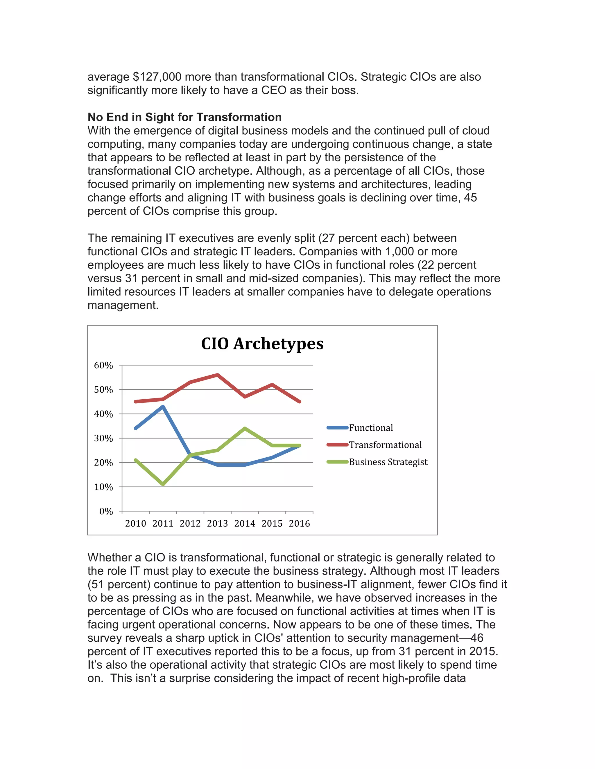 average $127,000 more than transformational CIOs. Strategic CIOs are also
significantly more likely to have a CEO as their boss.
No End in Sight for Transformation
With the emergence of digital business models and the continued pull of cloud
computing, many companies today are undergoing continuous change, a state
that appears to be reflected at least in part by the persistence of the
transformational CIO archetype. Although, as a percentage of all CIOs, those
focused primarily on implementing new systems and architectures, leading
change efforts and aligning IT with business goals is declining over time, 45
percent of CIOs comprise this group.
The remaining IT executives are evenly split (27 percent each) between
functional CIOs and strategic IT leaders. Companies with 1,000 or more
employees are much less likely to have CIOs in functional roles (22 percent
versus 31 percent in small and mid-sized companies). This may reflect the more
limited resources IT leaders at smaller companies have to delegate operations
management.
Whether a CIO is transformational, functional or strategic is generally related to
the role IT must play to execute the business strategy. Although most IT leaders
(51 percent) continue to pay attention to business-IT alignment, fewer CIOs find it
to be as pressing as in the past. Meanwhile, we have observed increases in the
percentage of CIOs who are focused on functional activities at times when IT is
facing urgent operational concerns. Now appears to be one of these times. The
survey reveals a sharp uptick in CIOs' attention to security management—46
percent of IT executives reported this to be a focus, up from 31 percent in 2015.
It’s also the operational activity that strategic CIOs are most likely to spend time
on. This isn’t a surprise considering the impact of recent high-profile data
0%
10%
20%
30%
40%
50%
60%
2010 2011 2012 2013 2014 2015 2016
CIO Archetypes
Functional
Transformational
Business Strategist
 
