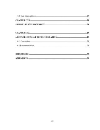 viii
4.2. Data Interpretation........................................................................................................24
CHAPTER FIVE...................................................................................................................28
5.0 RESULTS AND DISCUSSION......................................................................................28
CHAPTER SIX......................................................................................................................29
6.0 CONCLUSION AND RECOMMENDATION.............................................................29
6.1. Conclusion....................................................................................................................29
6.2 Recommendation ...........................................................................................................29
REFERENCES ......................................................................................................................30
APPENDICES .......................................................................................................................31
 