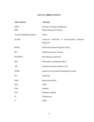 xi
LIST OF ABBREVIATIONS
Abbreviations Meaning
MEM Ministry of Energy and Minerals
MRI Mineral Resources Institute
Ca2Al2O.AlOH[Si2O7][SiO4] Zoisite
ACGIH American Conference of Governmental Industrial
Hygienists
BOHS British Occupational Hygiene Society
IPT Industrial Practical Training
STAMICO State Mining Corporation
KIA Kilimanjaro international airport
TGI Tanzania Gemstone Industries Ltd
NEMC National Environmental Management Council
NE North East
PPM Particle per million
H2O Water
CH4 Methane
H2S Hydrogen sulphate
N2 Nitrogen gas
θ Angle
 