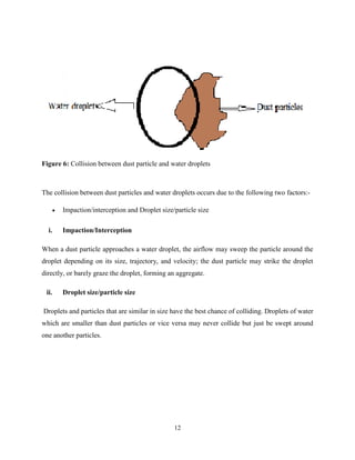 12
Figure 6: Collision between dust particle and water droplets
The collision between dust particles and water droplets occurs due to the following two factors:-
 Impaction/interception and Droplet size/particle size
i. Impaction/Interception
When a dust particle approaches a water droplet, the airflow may sweep the particle around the
droplet depending on its size, trajectory, and velocity; the dust particle may strike the droplet
directly, or barely graze the droplet, forming an aggregate.
ii. Droplet size/particle size
Droplets and particles that are similar in size have the best chance of colliding. Droplets of water
which are smaller than dust particles or vice versa may never collide but just be swept around
one another particles.
 