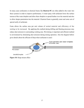 17
In many cases surfactants or chemical foams like Dustron PC are often added to the water into
these systems in order to improve performance. A water spray with surfactant lower the surface
tension of the water droplets and allow these droplets to spread further over the material and also
to allow deeper penetration into the material. Chemical foam is generally water and some sort of
special unify of surfactant.
Foam allows the surface area per unit volume of wetted material and efficiency of the
wetting to be increased. By applying this method during drilling and blasting processes may
reduce dust emission in surrounding working area. Wet drying is important and efficient method
to environment by eliminating dust emission during mining operation. Also the diagram bellow
gives details about the efficient of drop when surfactant is used:-
Figure 10: Sleap stream effect
 