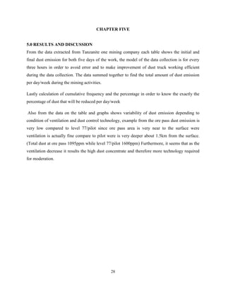 28
CHAPTER FIVE
5.0 RESULTS AND DISCUSSION
From the data extracted from Tanzanite one mining company each table shows the initial and
final dust emission for both five days of the work, the model of the data collection is for every
three hours in order to avoid error and to make improvement of dust truck working efficient
during the data collection. The data summed together to find the total amount of dust emission
per day/week during the mining activities.
Lastly calculation of cumulative frequency and the percentage in order to know the exactly the
percentage of dust that will be reduced per day/week
Also from the data on the table and graphs shows variability of dust emission depending to
condition of ventilation and dust control technology, example from the ore pass dust emission is
very low compared to level 77/pilot since ore pass area is very near to the surface were
ventilation is actually fine compare to pilot were is very deeper about 1.5km from the surface.
(Total dust at ore pass 1095ppm while level 77/pilot 1600ppm) Furthermore, it seems that as the
ventilation decrease it results the high dust concentrate and therefore more technology required
for moderation.
 