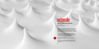 extensileROBOTIC FABRICATION WORKSHOP
ETH Zürich 2015
supervised by Achilleas Xydis, Constantinos
Miltiadis, Mariana Popescu
Extensile is an installation created during a robotic fabrication
workshop at ETH Zürich in summer 2015. The installation
consists of 24 sheets of thermoplastic polymer. The sheets
were heated locally with a stationary heatgun and deformed
with a variety of selfmade tools using a KUKA six axes industrial
robot.
By changing the thickness of the plastic sheets through
deformation, the way light is scattered through the material
is considerably altered, allowing for different grades of
translucency and varying optical sensations.
Video recap of the workshop:
http://www.caad.arch.ethz.ch/blog/extensile-robotic-
workshop/
in collaboration with Despoina Pippa, José Algeciras, Alina
Kvirkveliya, Tsung-Hsun Ku, Apostolos Apostolinas, Anna
Maragkoudaki
VIDEO
 