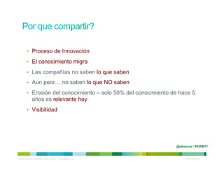 •  Proceso de Innovación

            •  El conocimiento migra

            •  Las compañías no saben lo que saben

            •  Aun peor… no saben lo que NO saben

            •  Erosión del conocimiento – solo 50% del conocimiento de hace 5
                   años es relevante hoy
            •  Visibilidad




                                                                                @abcerra / #CRM11


© 2010 Cisco and/or its affiliates. All rights reserved. – duittenb@cisco.com        Cisco Confidential   10
 