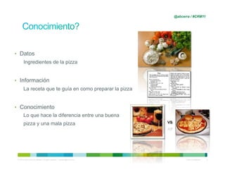 @abcerra / #CRM11




•  Datos
        Ingredientes de la pizza


•  Información
        La receta que te guía en como preparar la pizza


•  Conocimiento
        Lo que hace la diferencia entre una buena
        pizza y una mala pizza                                                   vs




 © 2010 Cisco and/or its affiliates. All rights reserved. – duittenb@cisco.com              Cisco Confidential   8
 