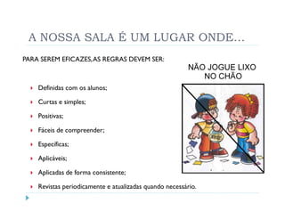 A NOSSA SALA É UM LUGAR ONDE…
PARA SEREM EFICAZES,AS REGRAS DEVEM SER:



    Definidas com os alunos;

    Curtas e simples;

    Positivas;

    Fáceis de compreender;

    Específicas;

    Aplicáveis;

    Aplicadas de forma consistente;

    Revistas periodicamente e atualizadas quando necessário.
 
