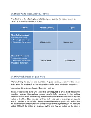 13
14.2 Glass Waste Types, Amount, Sources
The objective of the following table is to identify and quantify the wastes as well as
identify where they are being generated.
Source Amount (bottles) Types
Glass Collection Area
Primary Contributors:
1. Wedding Bartenders
2. Restaurant Bartenders 350 per week Bottled beer
Glass Collection Area
Primary Contributors
1. Restaurant Bartenders
2.Wedding Bartenders
200 per week Wine bottles
14.3 CP Opportunities for glass waste
After analyzing the sources and quantities of glass waste generated by the various
areas within the restaurant, several suggestions can be made for cleaner production.
Larger glass bin and more frequent Beer Store pick-up
Initially, I was unsure as to why bartenders were required to break the bottles in this
large bin. I believed this may have been an opportunity for cleaner production, and that
it may have been more economically and environmentally beneficial to take in the wine
bottles to the Beer Store in order for them to be recycled in exchange for a partial
refund. I inquired to Mr. Lomanto as to the reason behind the system, and he informed
me that the bottles were broken into pieces in order to make greater room for additional
bottles. Although the bottles are in pieces by the time they are picked up, the glass is
 