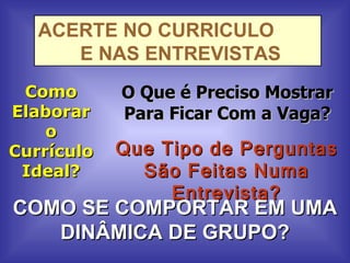 ACERTE NO CURRICULO  E NAS ENTREVISTAS Como Elaborar o Currículo Ideal? O Que é Preciso Mostrar Para Ficar Com a Vaga? Que Tipo de Perguntas São Feitas Numa Entrevista? COMO SE COMPORTAR EM UMA DINÂMICA DE GRUPO? 