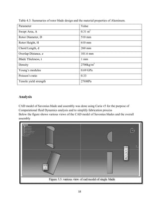 18
Table 4.3: Summaries of rotor blade design and the material properties of Aluminum.
Parameter Value
Swept Area, A 0.31 m2
Rotor Diameter, D 510 mm
Rotor Height, H 610 mm
Chord Length, d 260 mm
Overlap Distance, e 101.6 mm
Blade Thickness, t 1 mm
Density 2700kg/m3
Young’s modulus 0.69 GPa
Poisson’s ratio 0.33
Tensile yield strength 276MPa
Analysis
CAD model of Savonius blade and assembly was done using Caria v5 for the purpose of
Computational fluid Dynamics analysis and to simplify fabrication process
Below the figure shows various views of the CAD model of Savonius blades and the overall
assembly
 