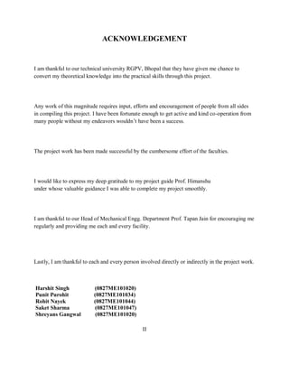 ACKNOWLEDGEMENT
I am thankful to our technical university RGPV, Bhopal that they have given me chance to
convert my theoretical knowledge into the practical skills through this project.
Any work of this magnitude requires input, efforts and encouragement of people from all sides
in compiling this project. I have been fortunate enough to get active and kind co-operation from
many people without my endeavors wouldn’t have been a success.
The project work has been made successful by the cumbersome effort of the faculties.
I would like to express my deep gratitude to my project guide Prof. Himanshu
under whose valuable guidance I was able to complete my project smoothly.
I am thankful to our Head of Mechanical Engg. Department Prof. Tapan Jain for encouraging me
regularly and providing me each and every facility.
Lastly, I am thankful to each and every person involved directly or indirectly in the project work.
Harshit Singh (0827ME101020)
Punit Purohit (0827ME101034)
Rohit Nayek (0827ME101044)
Saket Sharma (0827ME101047)
Shreyans Gangwal (0827ME101020)
II
 