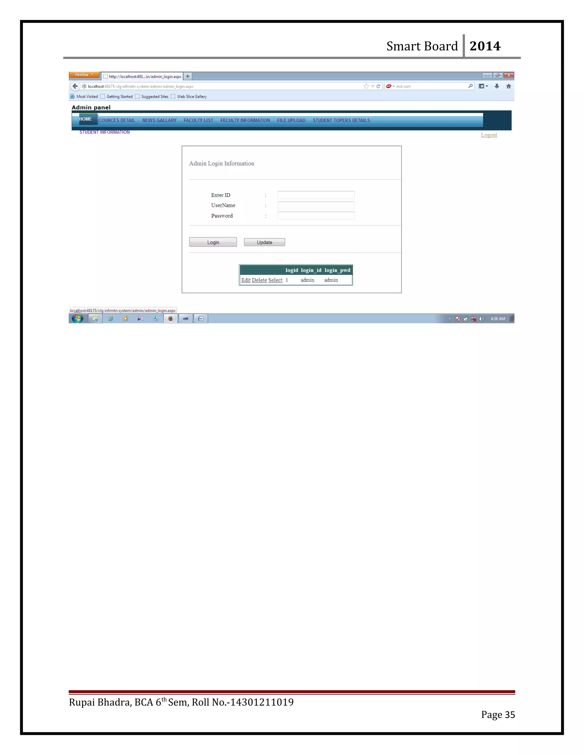 Smart Board 2014
Rupai Bhadra, BCA 6th
Sem, Roll No.-14301211019
Page 35
 