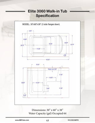17
Elite 3060 Walk-in Tub
Specification
Dimensions: 30” x 60” x 38”
Water Capacity (gal) Occupied 64
512.522.BATHwww.MBTubs.com
 