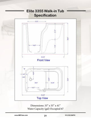 21
Dimensions: 33” x 55” x 41”
Water Capacity (gal) Occupied 67
512.522.BATHwww.MBTubs.com
Elite 3355 Walk-in Tub
Specification
 