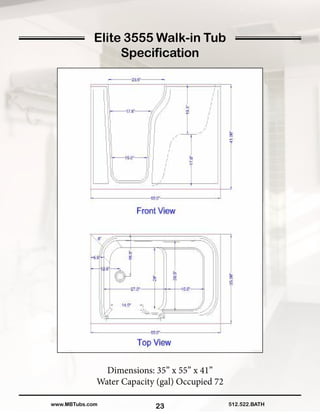 23
Elite 3555 Walk-in Tub
Specification
Dimensions: 35” x 55” x 41”
Water Capacity (gal) Occupied 72
512.522.BATHwww.MBTubs.com
 