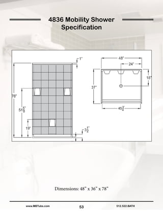 53
Dimensions: 48” x 36” x 78”
512.522.BATHwww.MBTubs.com
4836 Mobility Shower
Specification
 