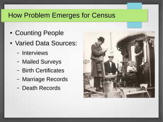 ● Counting People
● Varied Data Sources:
– Interviews
– Mailed Surveys
– Birth Certificates
– Marriage Records
– Death Records
How Problem Emerges for Census
 